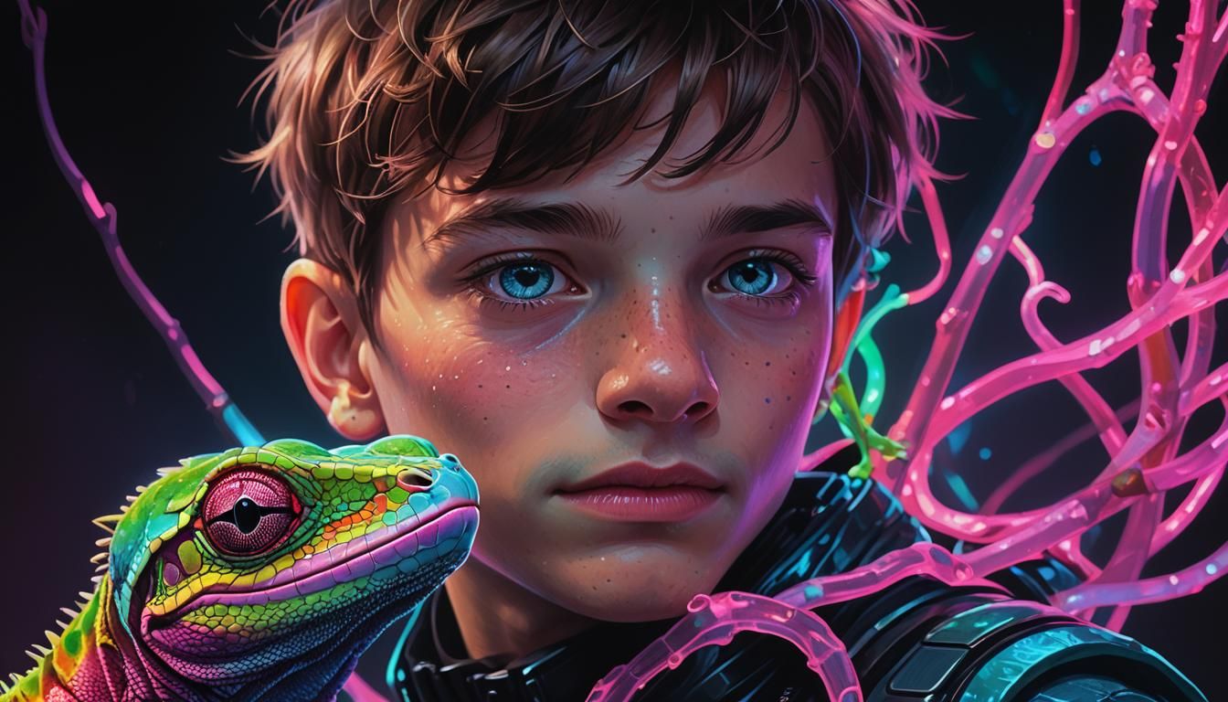 Boy and Bioluminescent Gecko: Hyperrealistic Digital Art