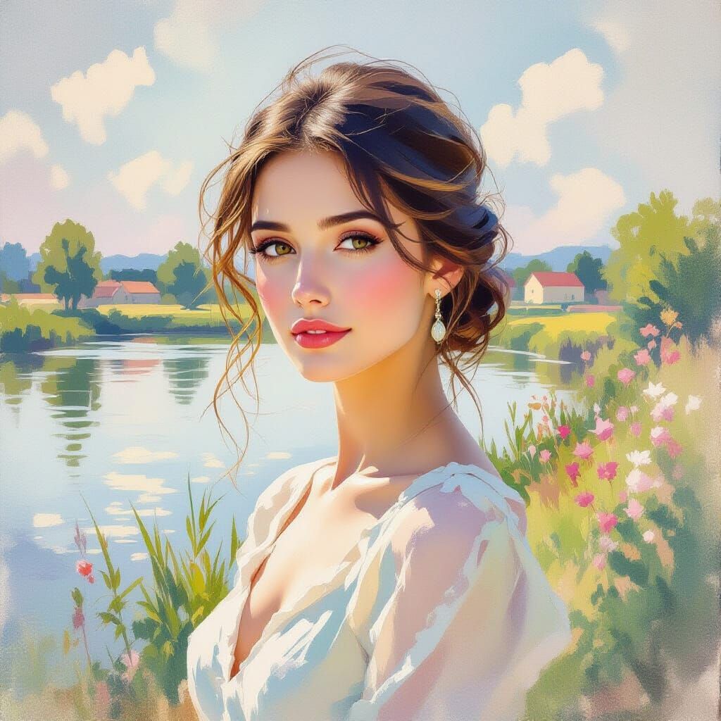 Beautiful Woman in Monet's Giverny Style Watercolor