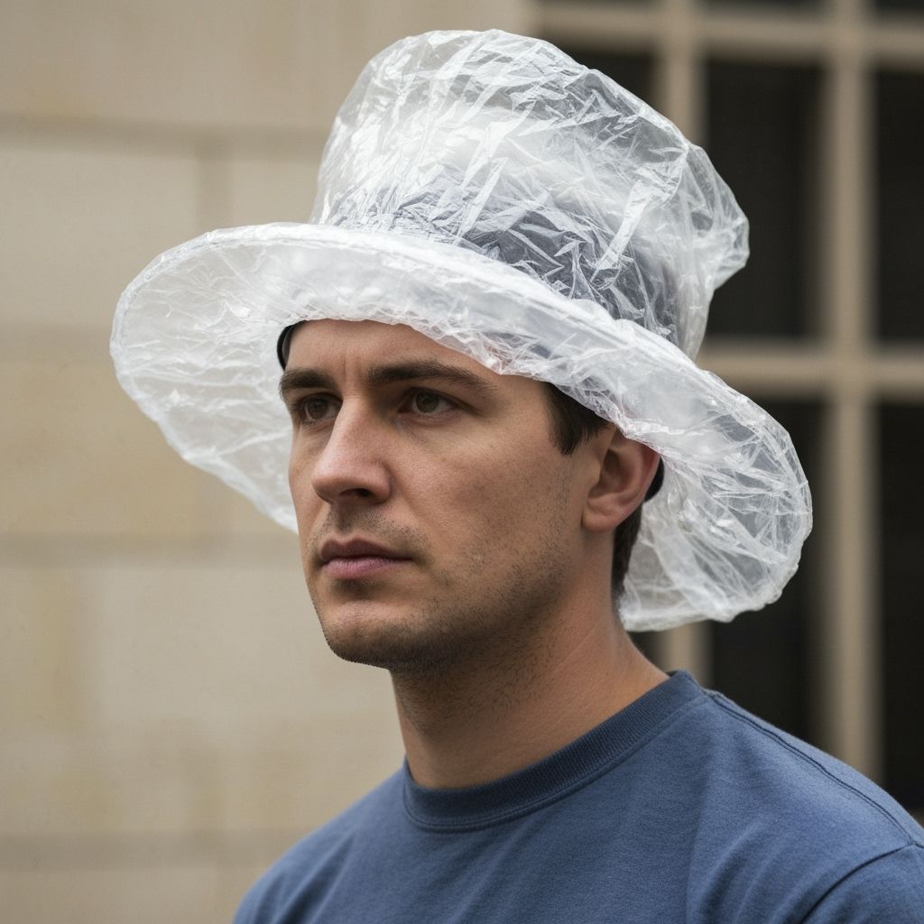 Man Wearing Unique Cellophane Hat