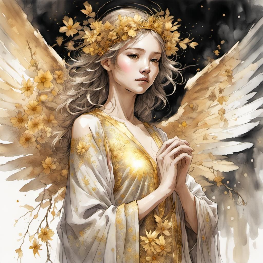Gorgeous Angel in Golden Robes: Ink and Watercolor