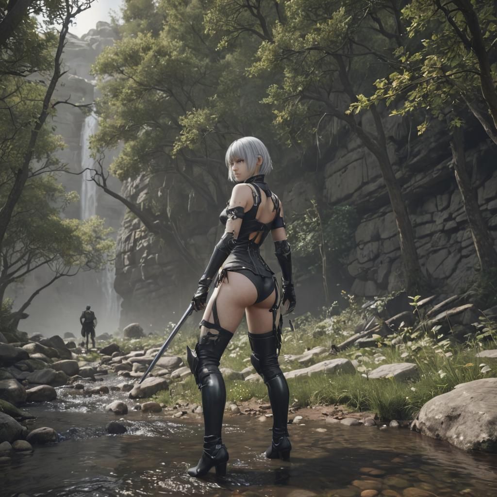 NieR:Automata Characters in 8k 3D Landscape