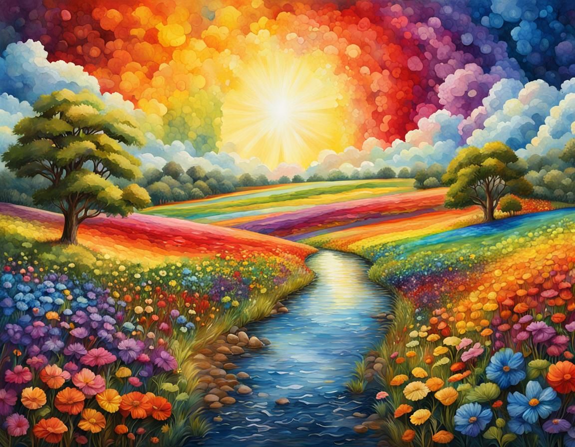 Rainbow Oak Tree Illustration in Oil, Ink and Watercolor