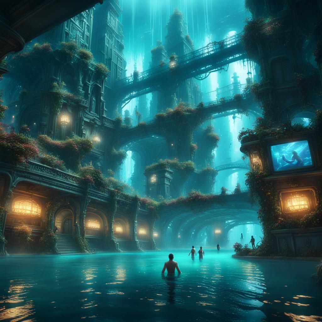 Glowing Underwater High-Tech City Concept Art