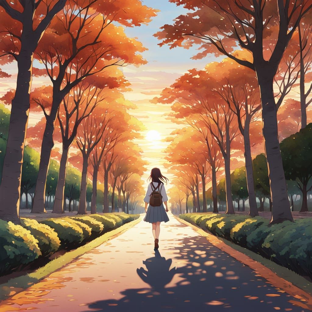 Anime Woman Walks Autumn Avenue in Watercolor Style