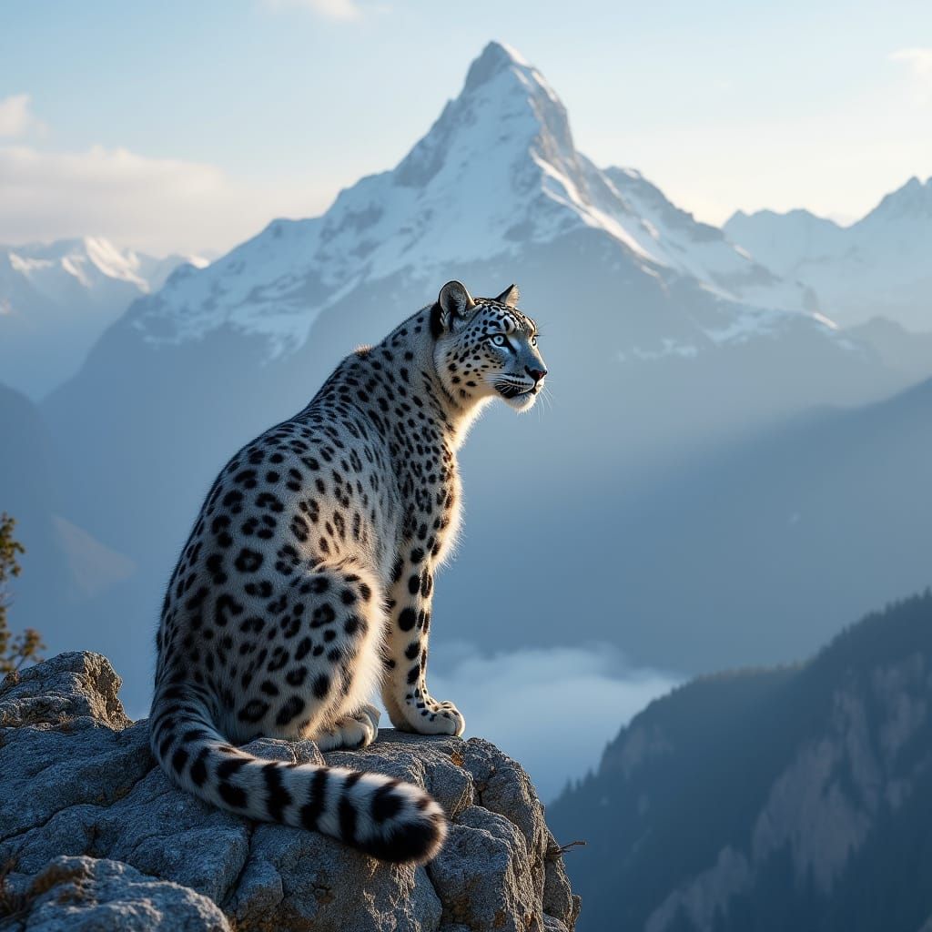 Snow Leopard Portrait on Mountain Peak