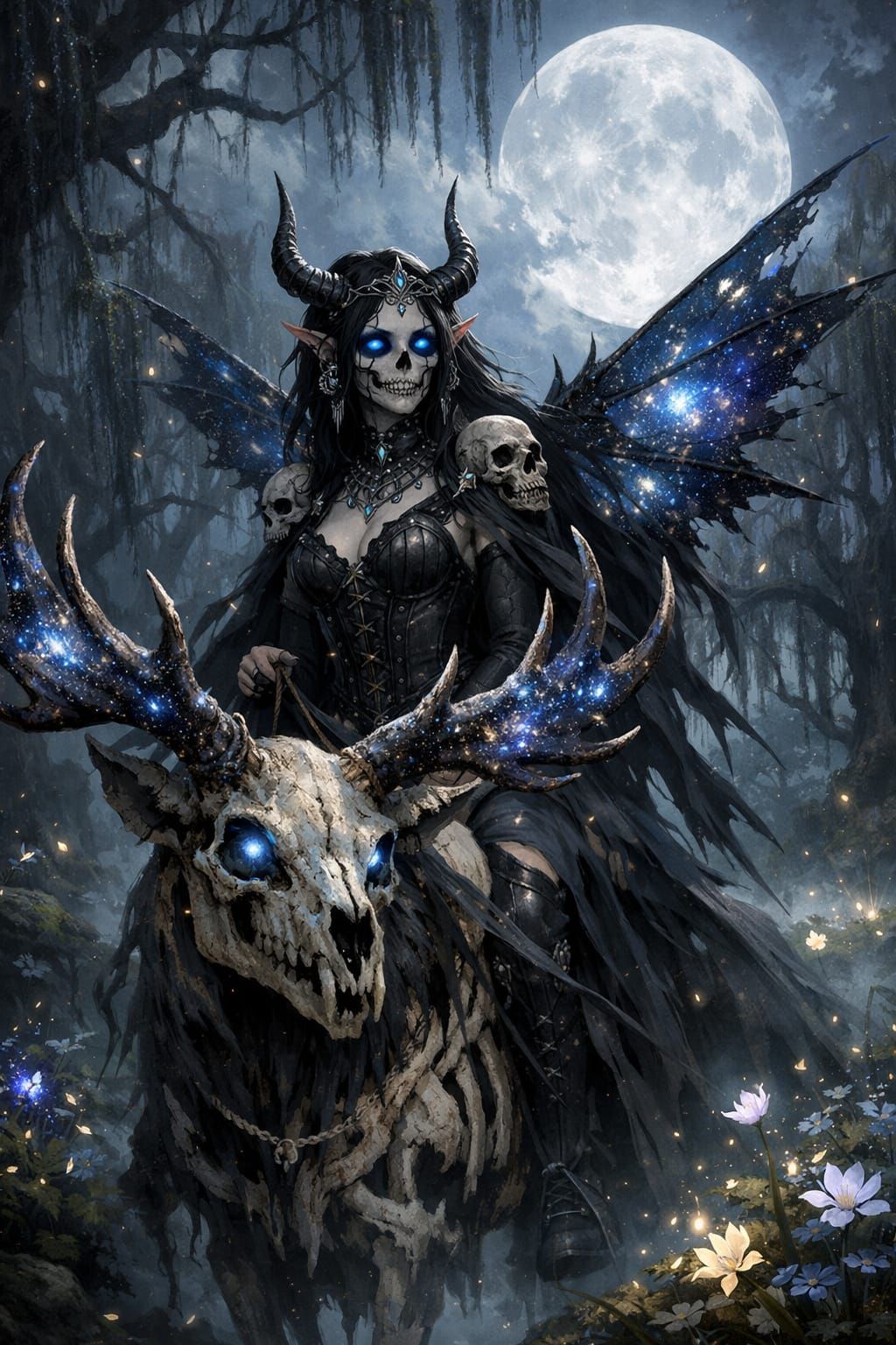 Elegant Elf-Skeleton Rider in Magical Dark Fairytale Scene