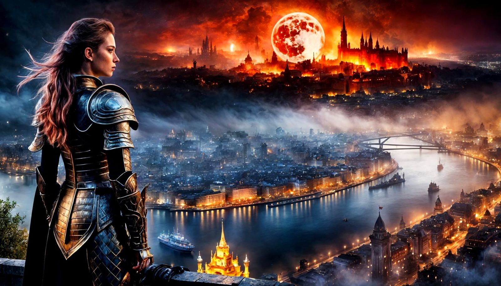 Sci-Fantasy Lord Overlooks Burning Cityscape