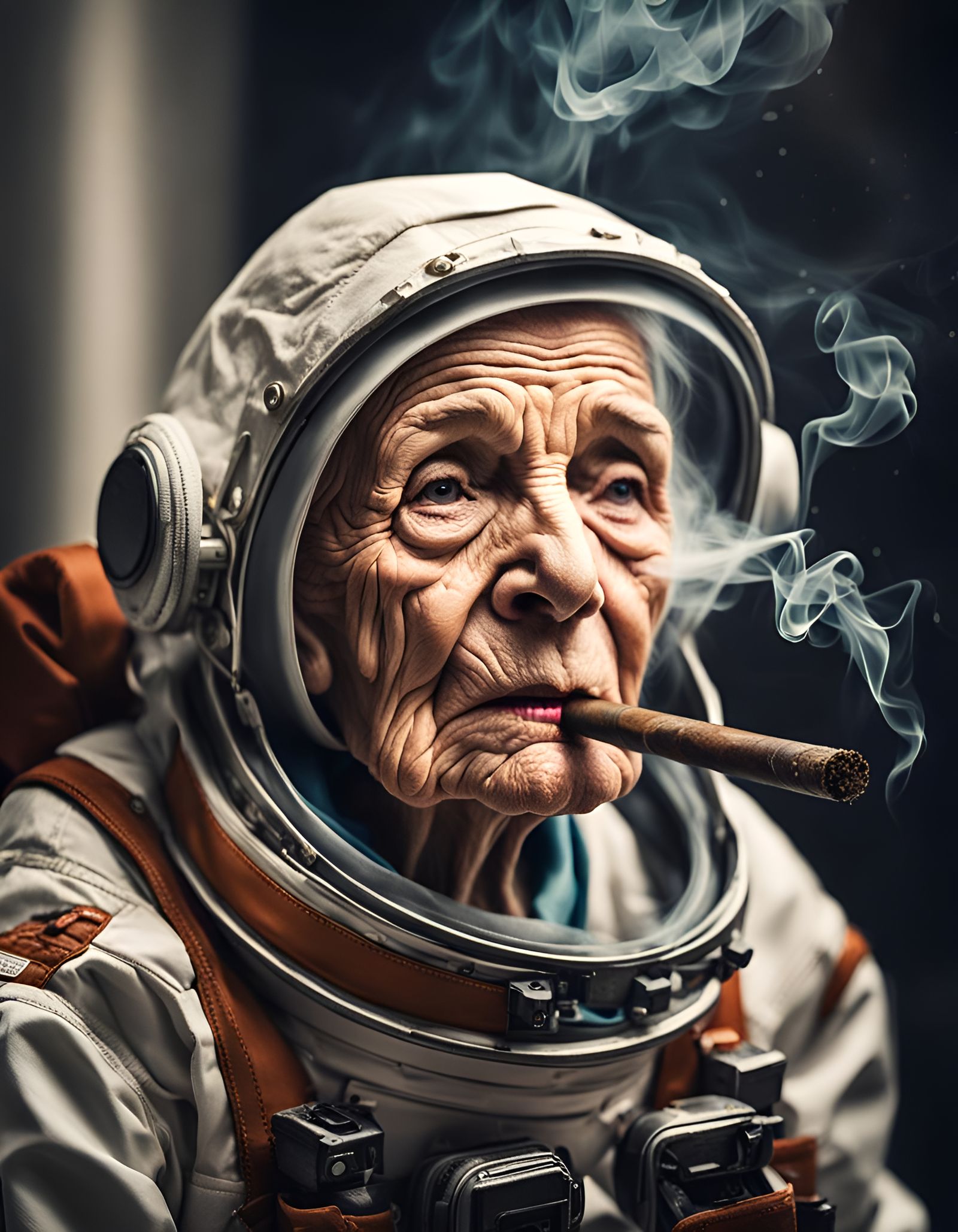 Photorealistic Old Woman Astronaut Smoking Cigar