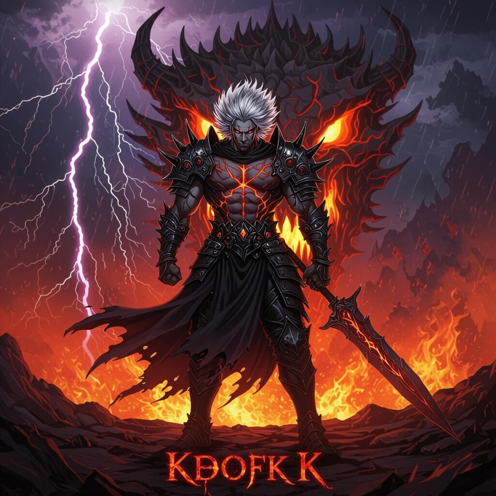Dark Fantasy Warrior Defies Volcanic Storm in Anime Style