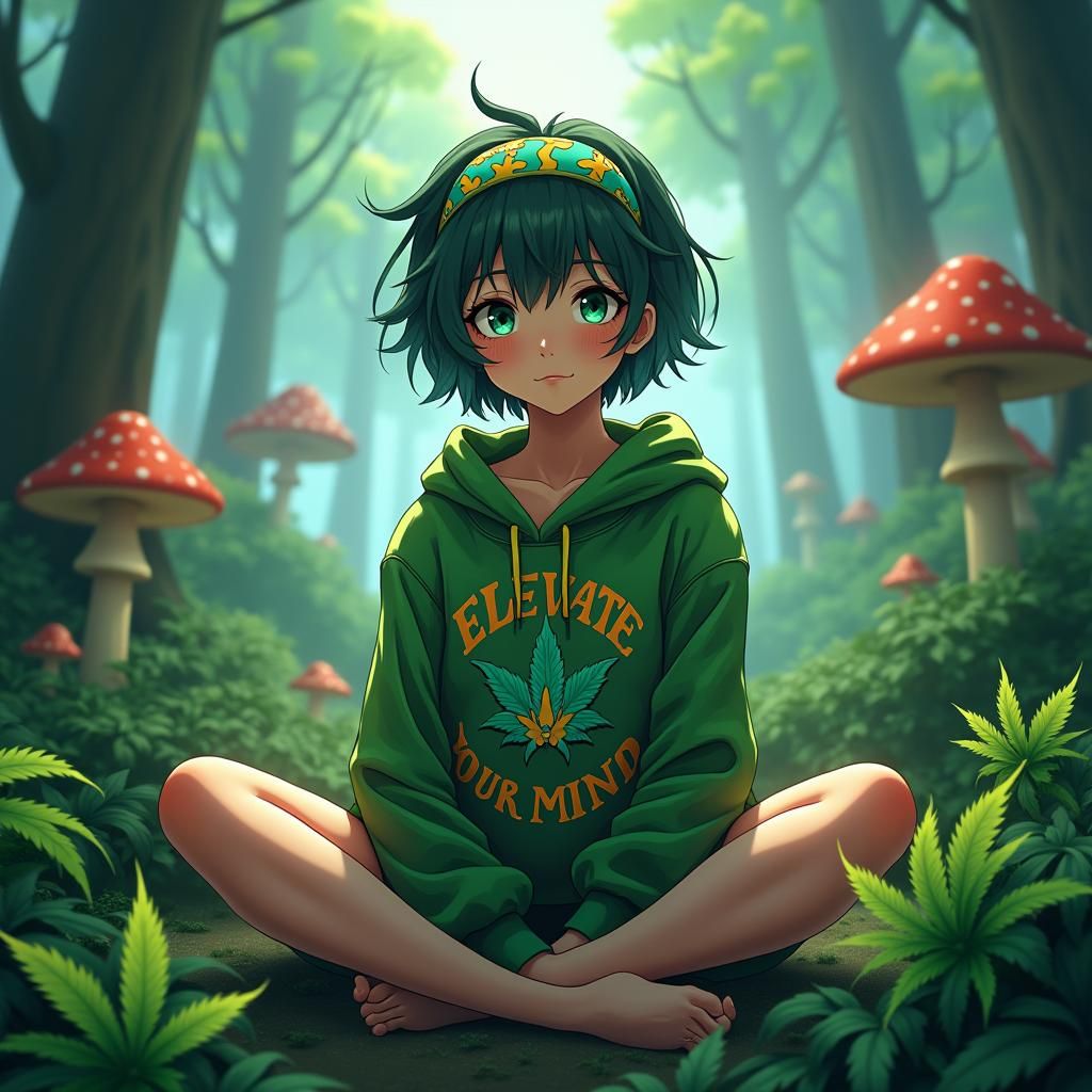 Psychedelic Anime Girl Meditating in Cannabis Forest