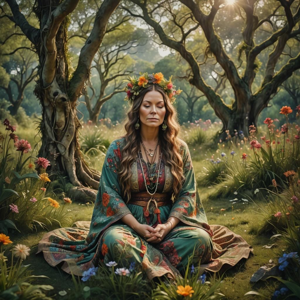 Mystical Woman Meditating in Lush Meadow