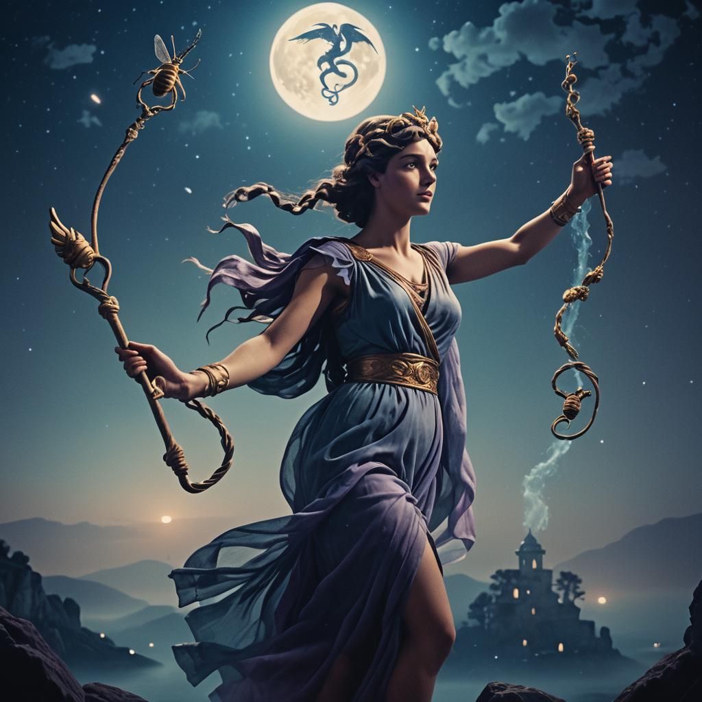 Hermes, Rod of Asclepius, and Ariadne in Moonlight