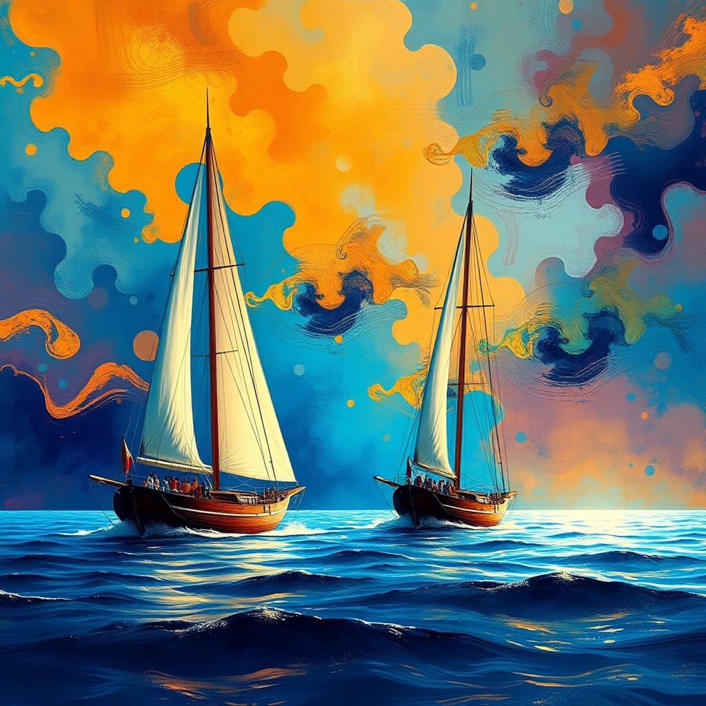 Dreamlike Sailboats in Abstract Bay: Splash Art Style