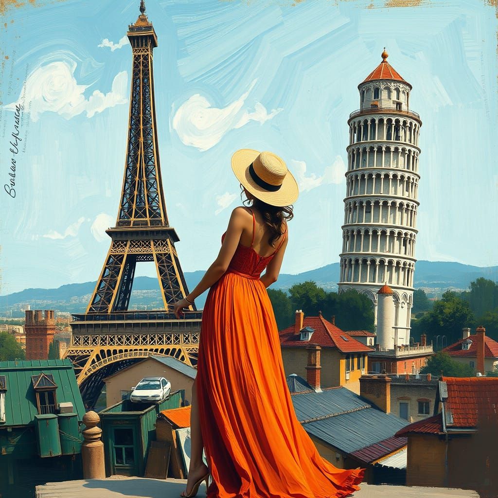 Van Gogh-Inspired Double Exposure of Eiffel Tower and Tower...