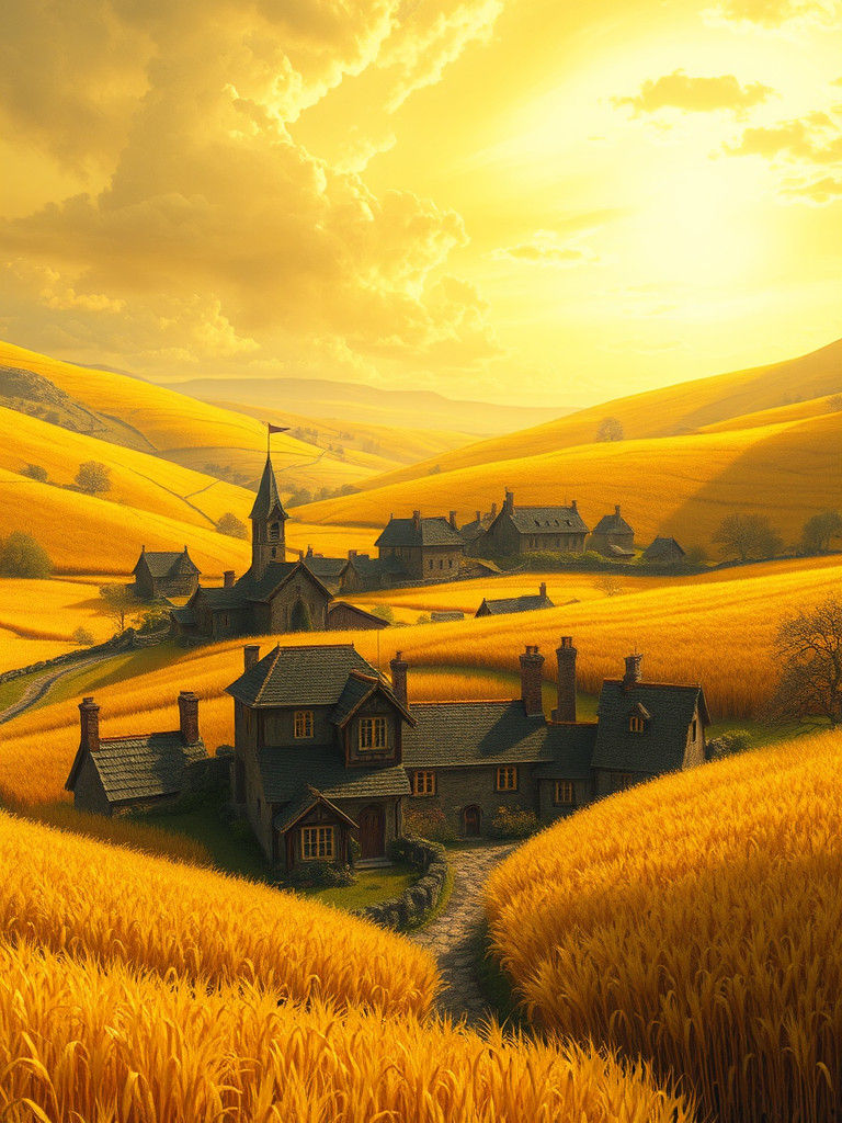 Medieval Village in Golden Fields, Fantasy Art