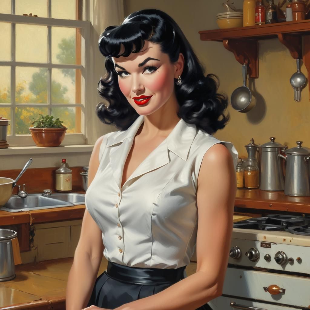 Bettie Page in 1950s Kitchen, Impressionistic Painting