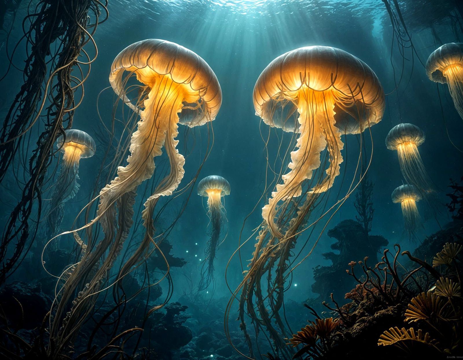 Bioluminescent Jellyfish in Deep-Sea Kelp Forest