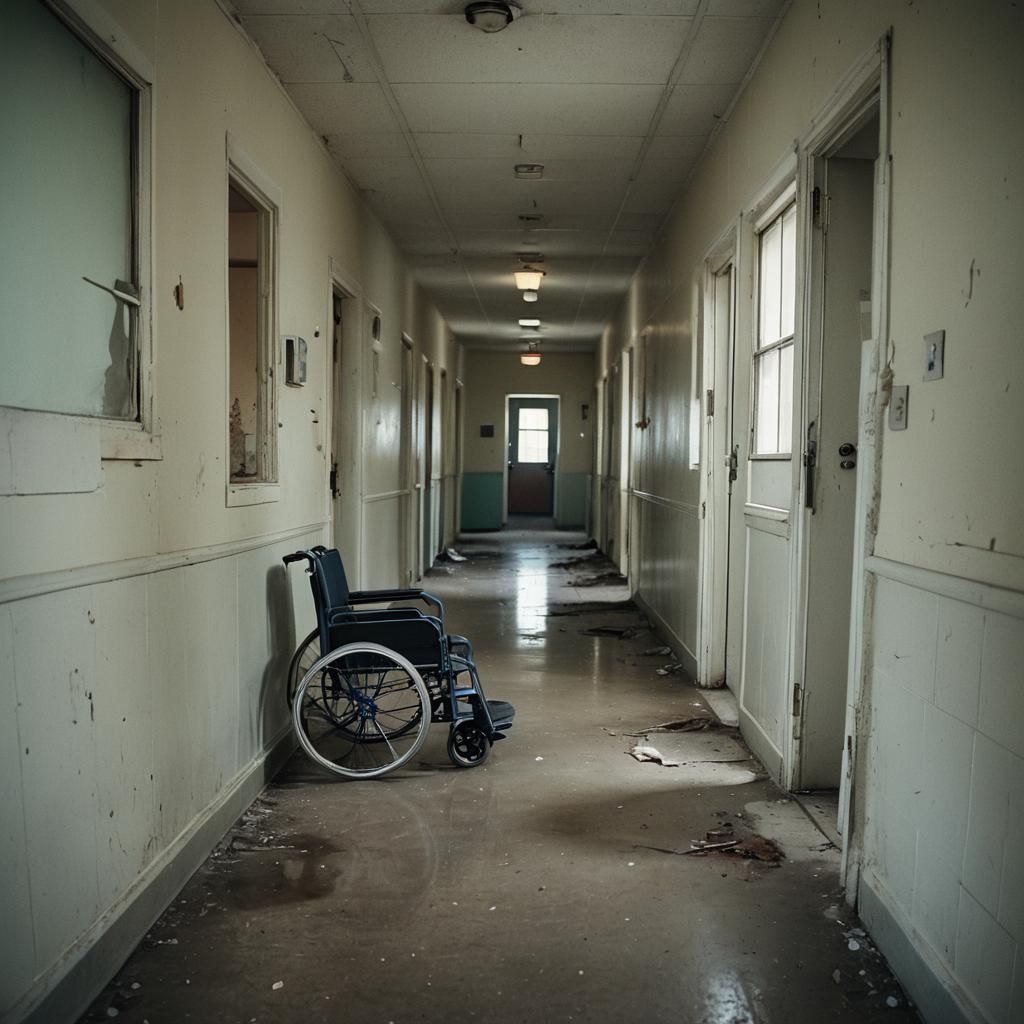 Abandoned Hospital Hallway with Ghostly Reflection