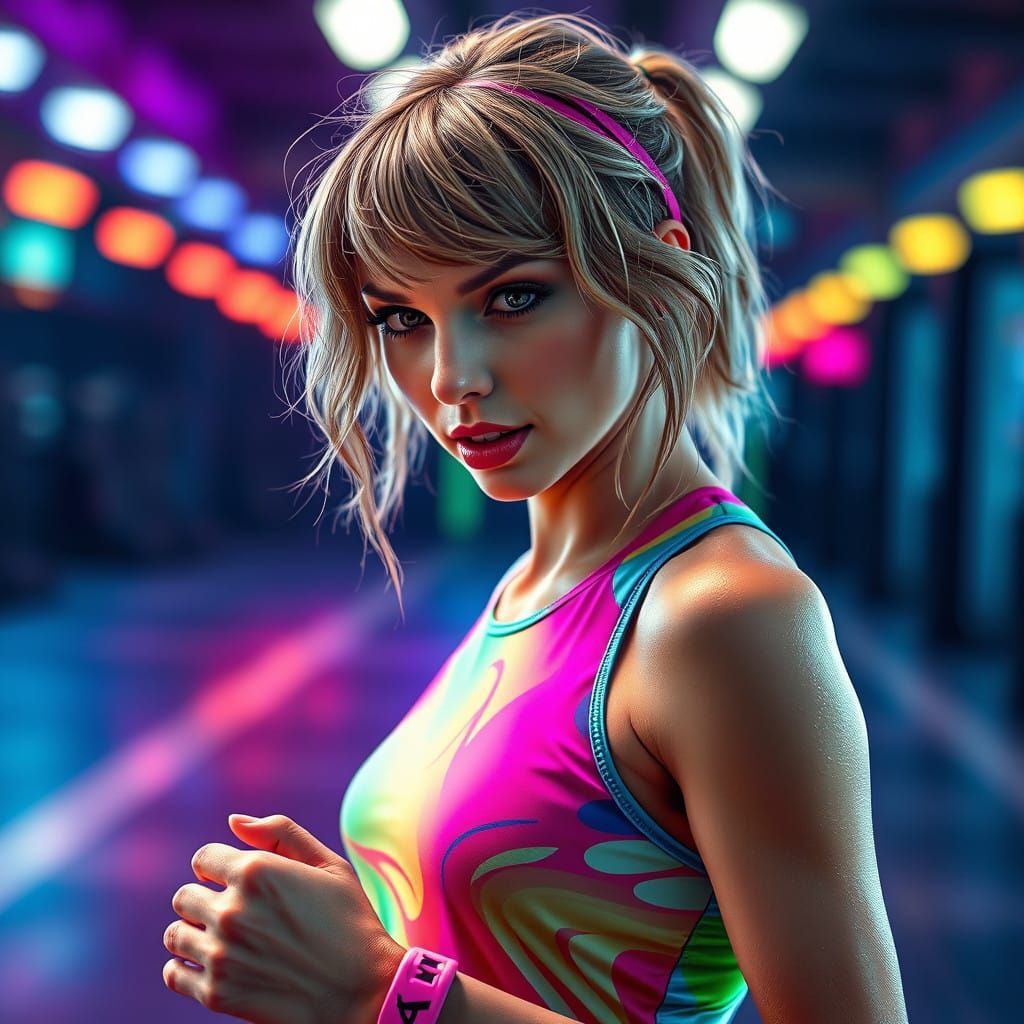 Vibrant Pop Star Fitness Portrait in Neon-Lit Gym