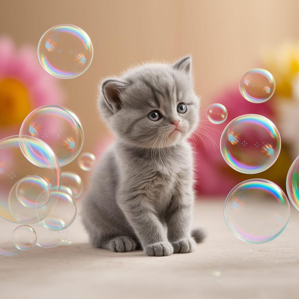 Kawaii Kitten in Iridescent Soap Bubbles