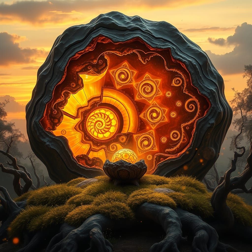 Fantasy Geode with Fibonacci Spirals in Art Nouveau Style