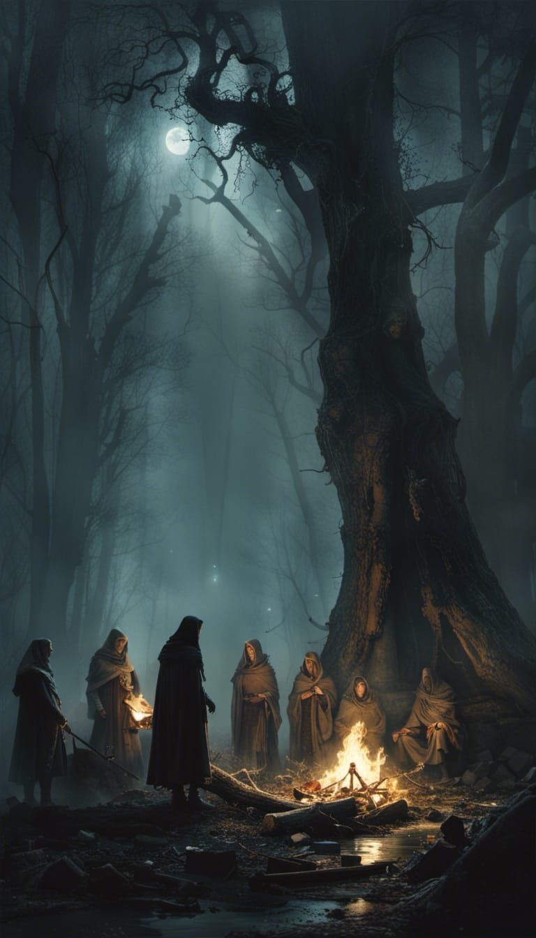 Medieval Fantasy Forest Campfire with Ghostly Figure