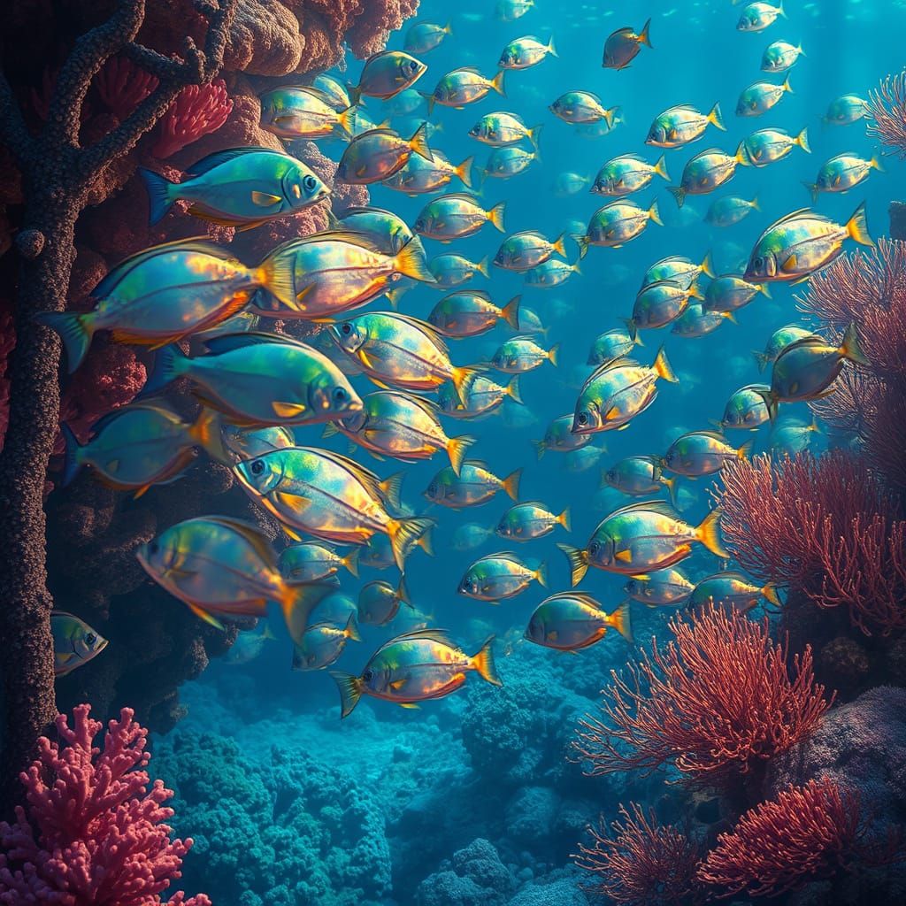 Iridescent Fish Dance in Coral Reef, Ethereal Lighting