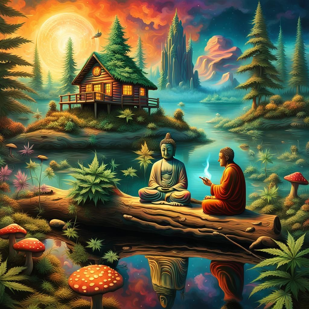 Buddha and Jesus Share Joint in Surreal Landscape
