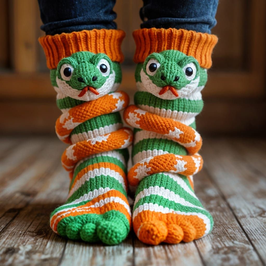 Cartoon Snake Socks: Knitted Hyper-Realistic Design