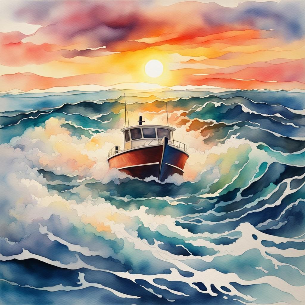 Sunset Sea Waves: Abstract Watercolor Boat Painting