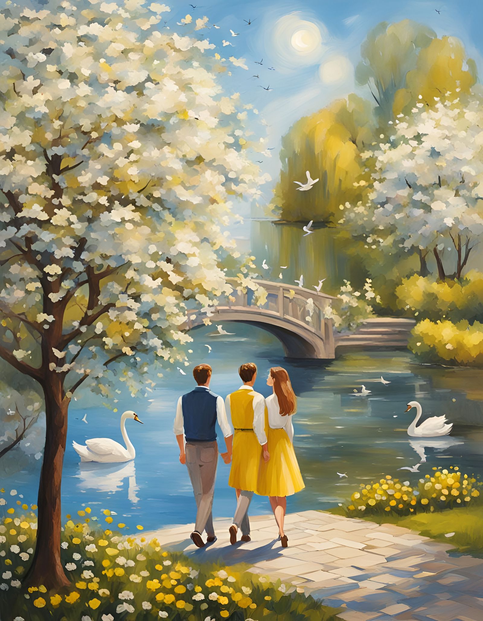 Couple in Love Walking Through Spring Park