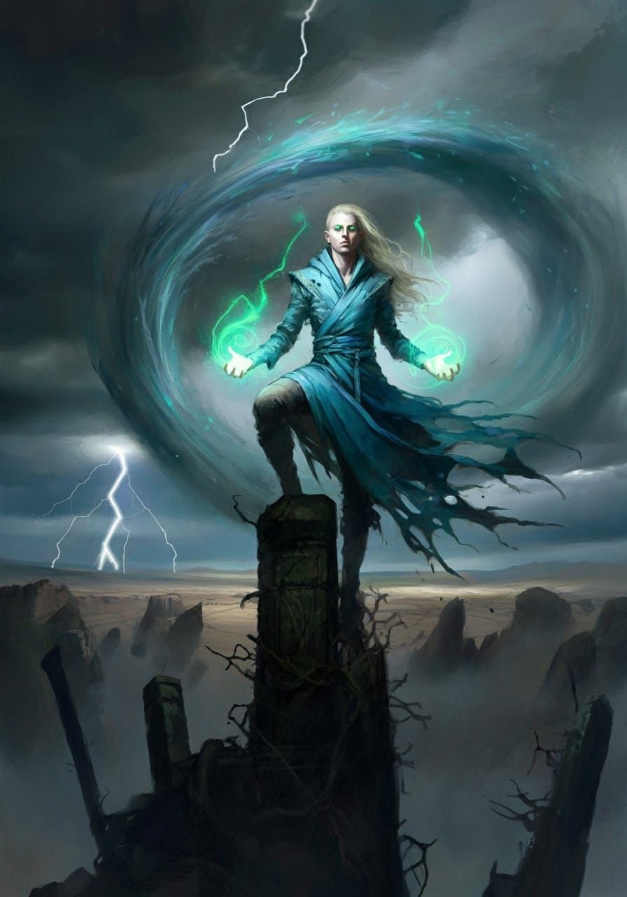 Ethereal Mage Confronts Turbulent Vortex in Dramatic, Dreaml...