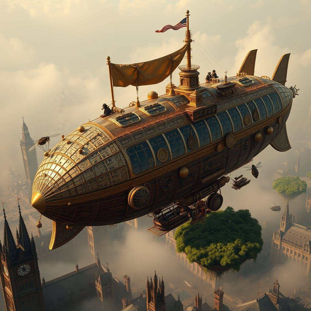 Majestic Steampunk Airship Soars Above Victorian City