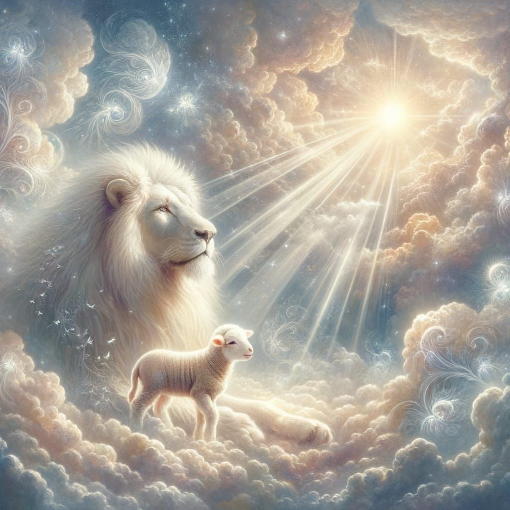 White Lion and Lamb in Divine Sunbeams