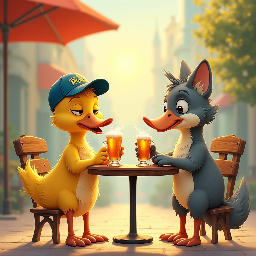 Duck in Whimsical Beer Scene with Vibrant Sun