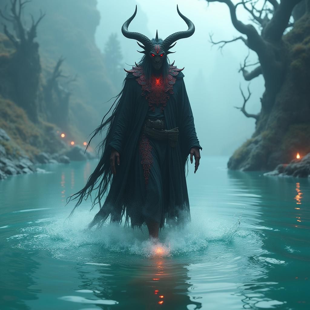 Demon Walking on Water in Mystical Realm