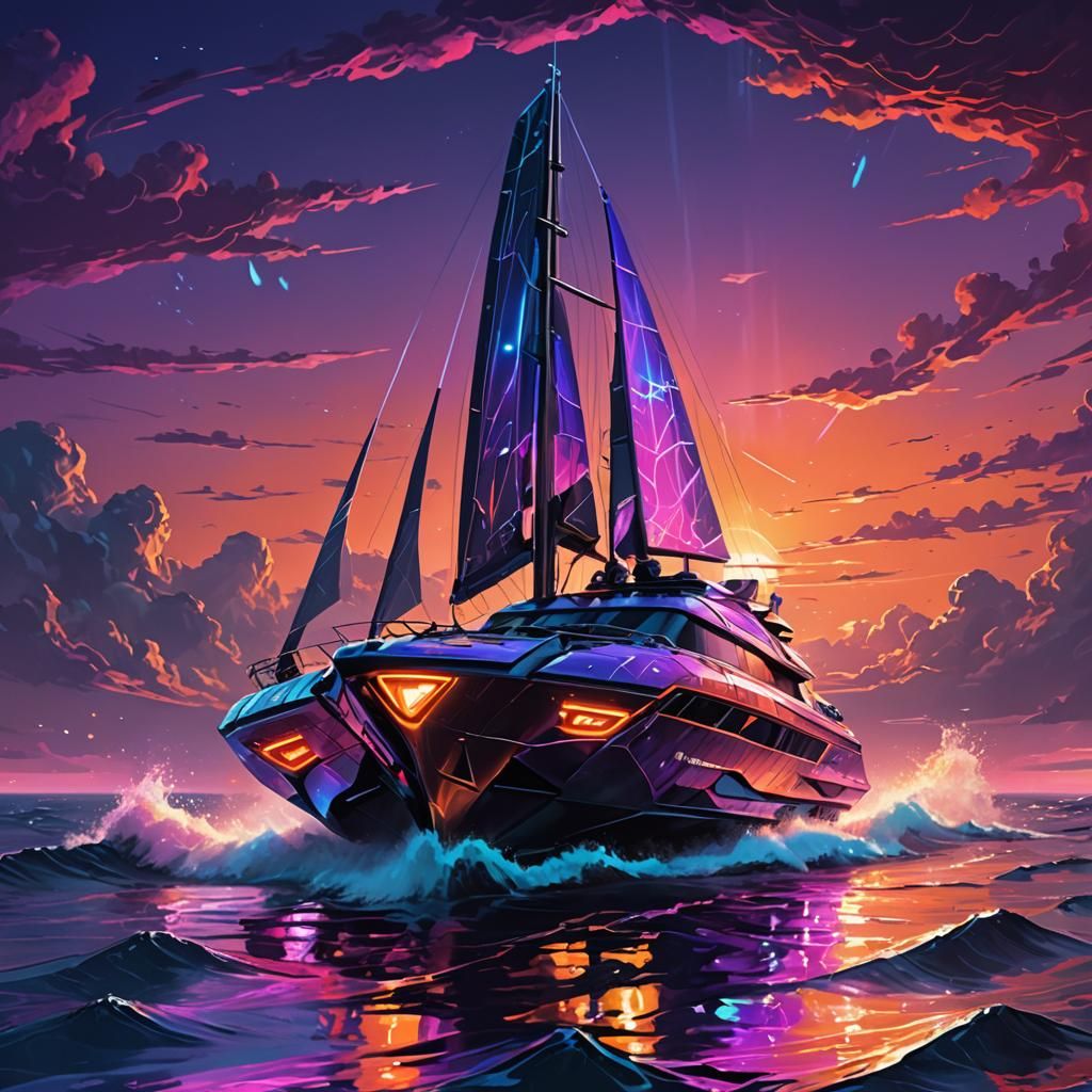 Futuristic Sci-Fi Boat at Sunset in Digital Painting