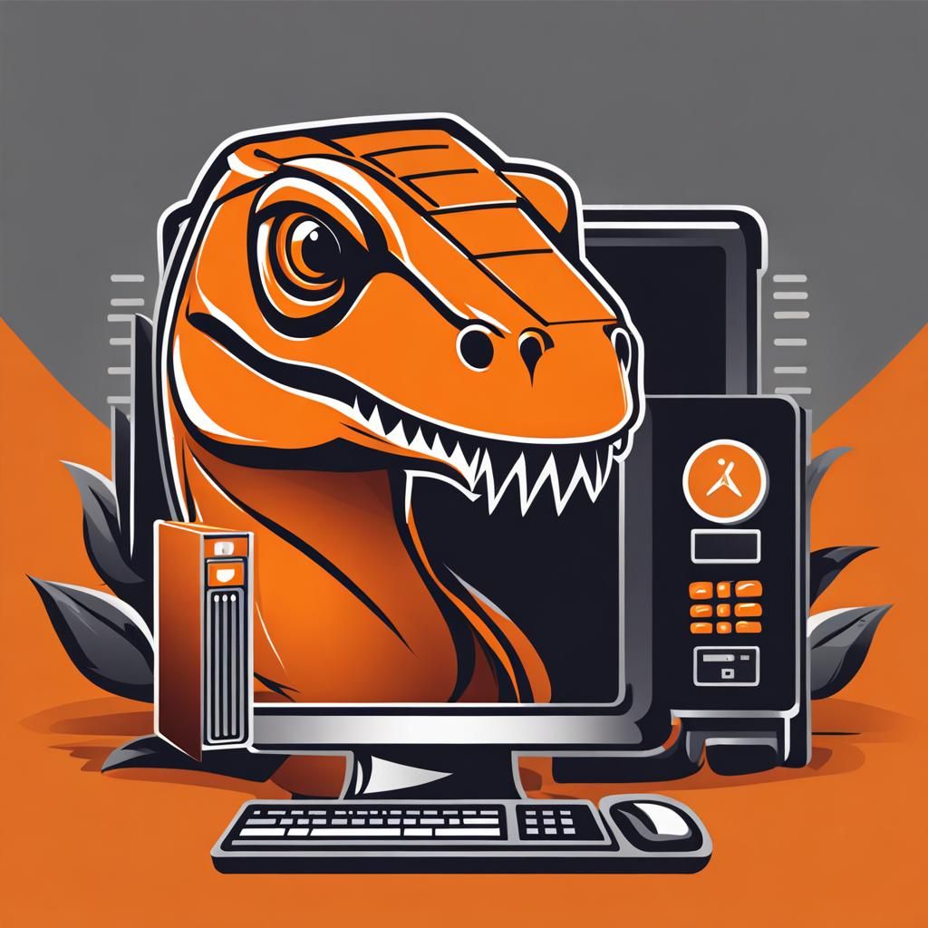 Orange Trex Head Logo with Computer Code Background