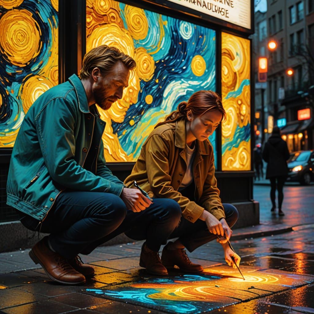 Sidewalk Chalk Art in Van Gogh Style with Neon Reflections
