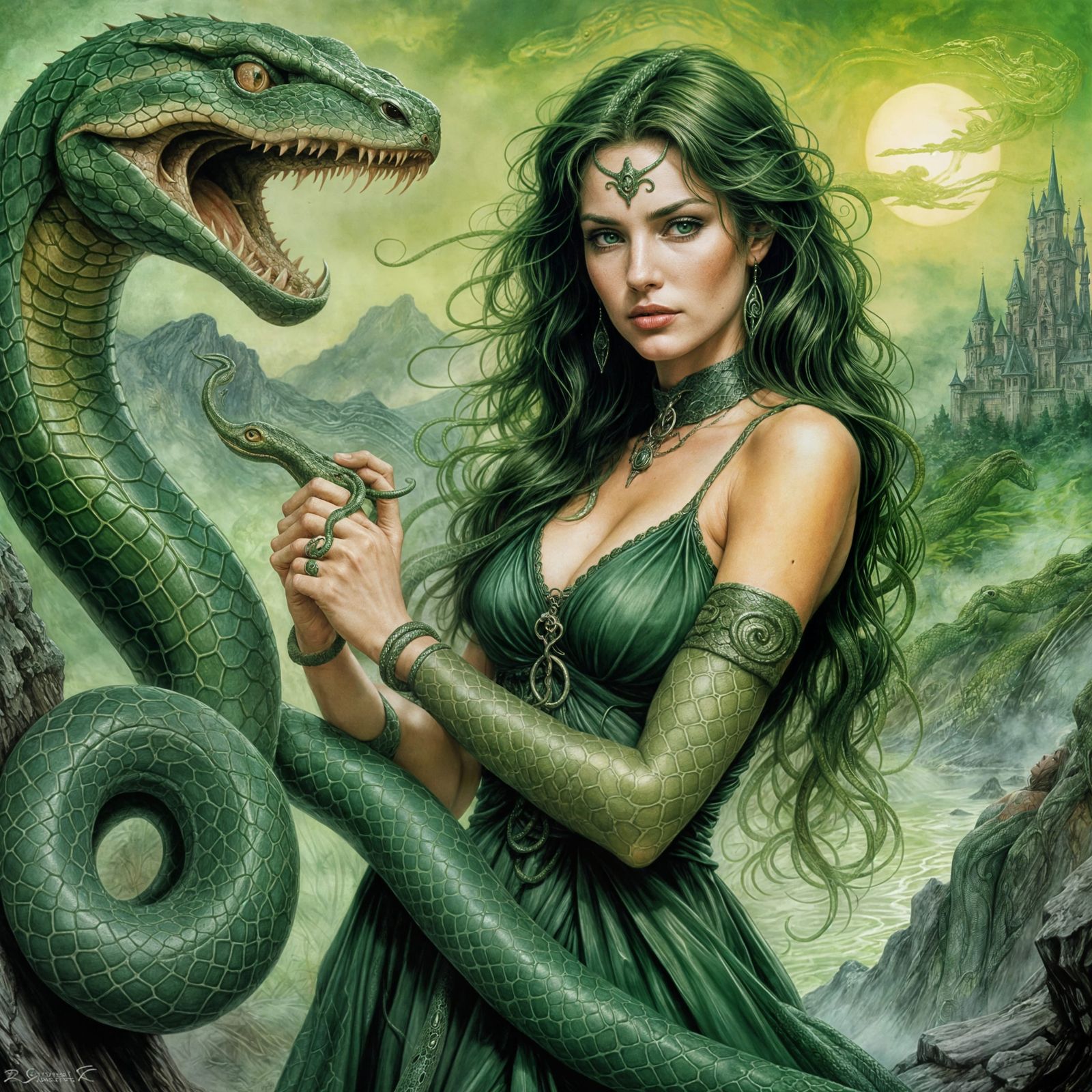 Green Serpent Coiled Around a Witch, Pastel Illustration