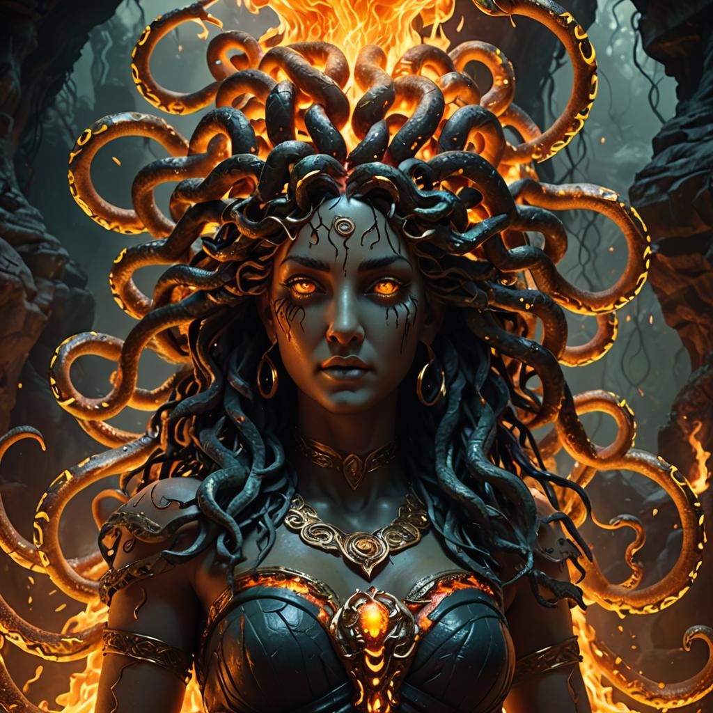 Burning Medusa Statue in Mystical Cave