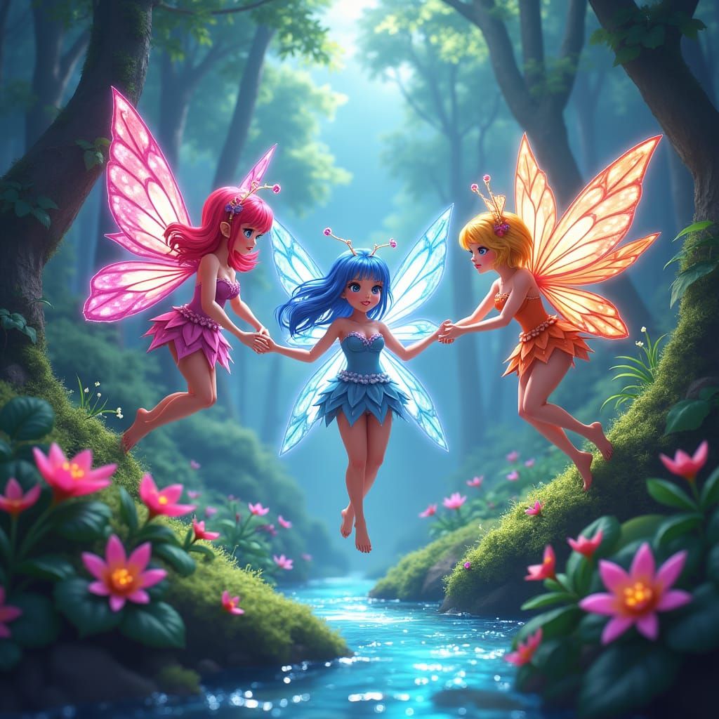 Anime Fairies in Enchanted Forest: Fantasy Concept Art
