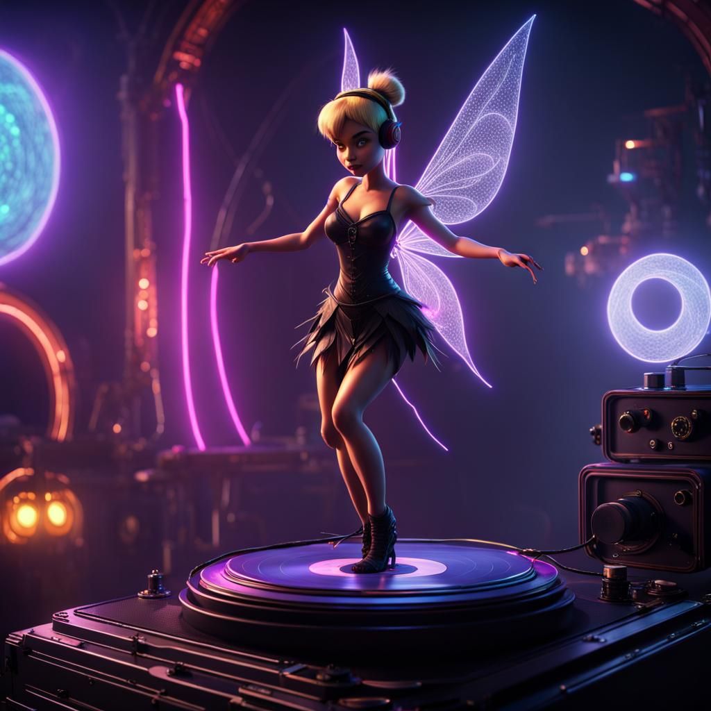 Goth Tinkerbell Dances Under Neon Lights
