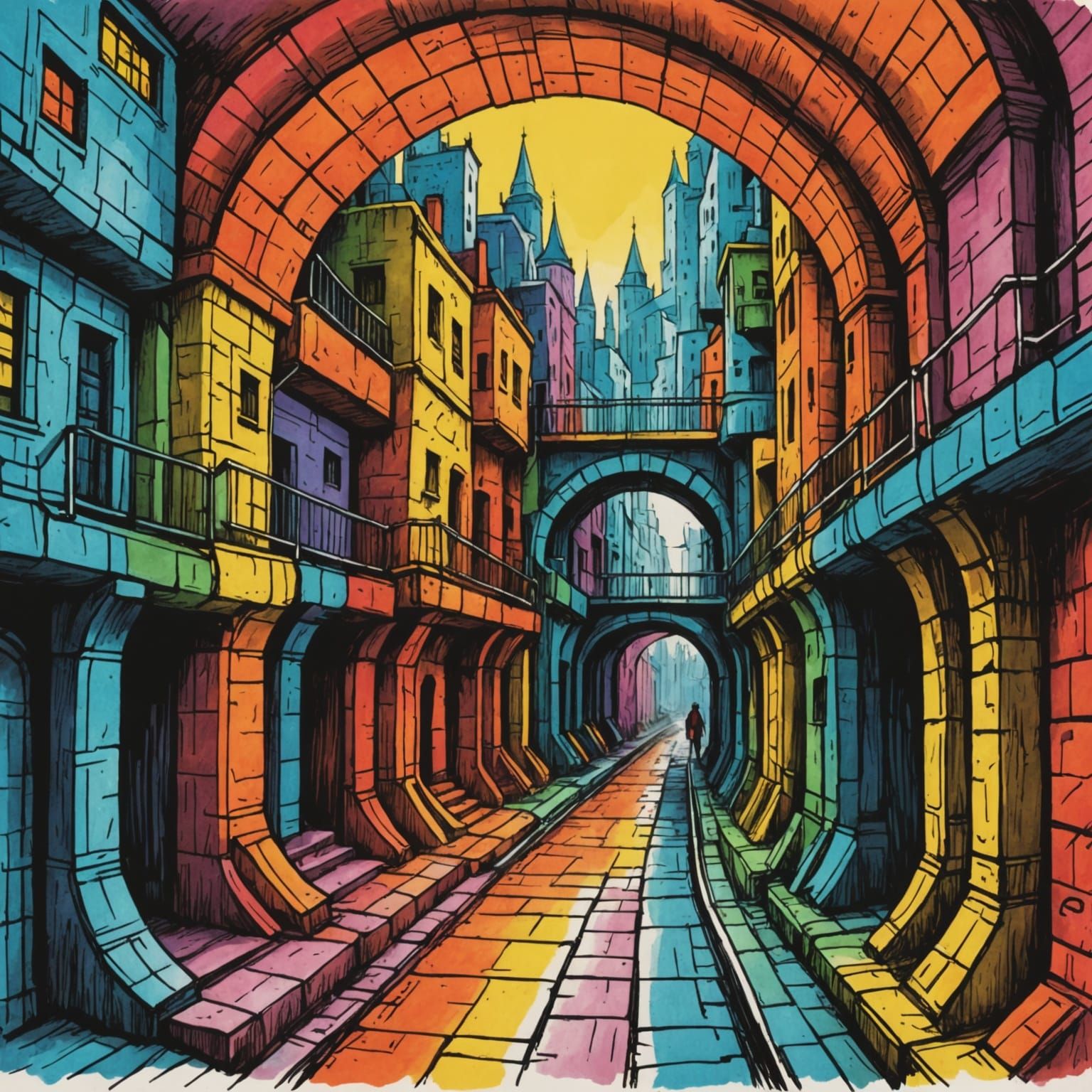 Colourful Crayon Sketch of an Underground City