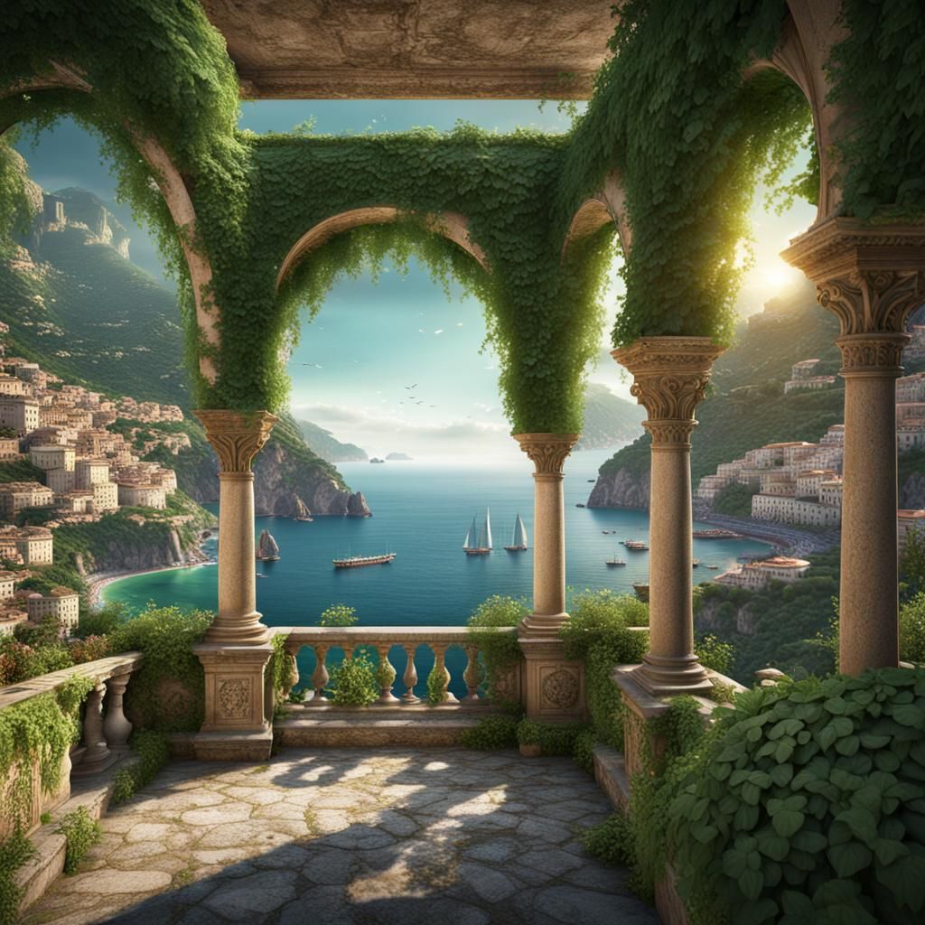 Roman Garden Overlooking Amalfi Coast: Digital Matte Paintin...