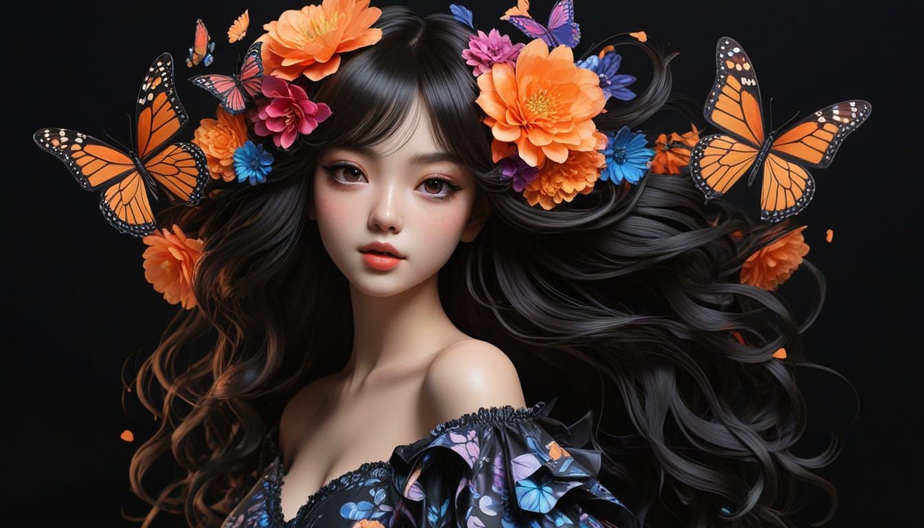 Detailed Flower Portrait with Neon Maximalism Style