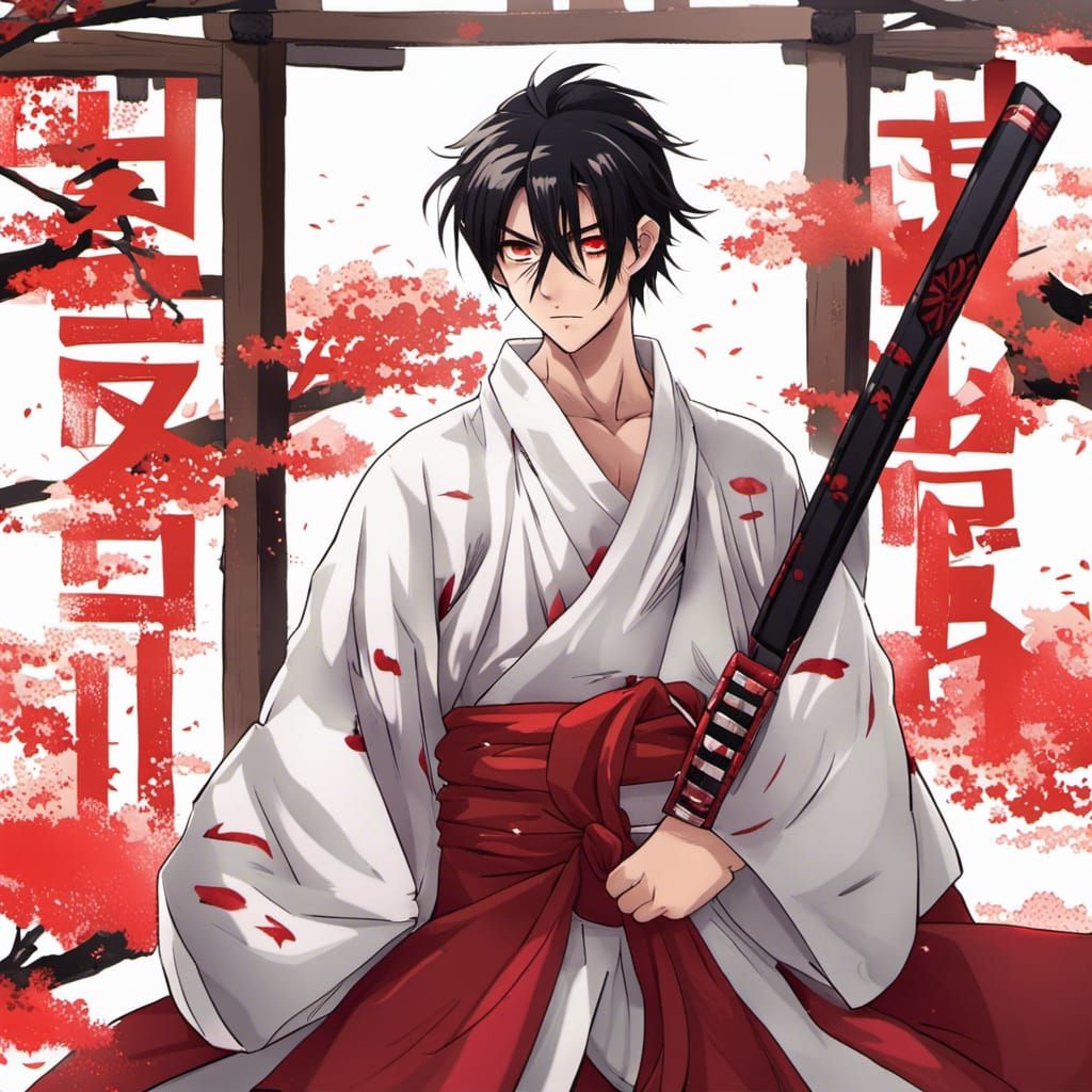 Anime Man in Hakama with Katana, Manga Style
