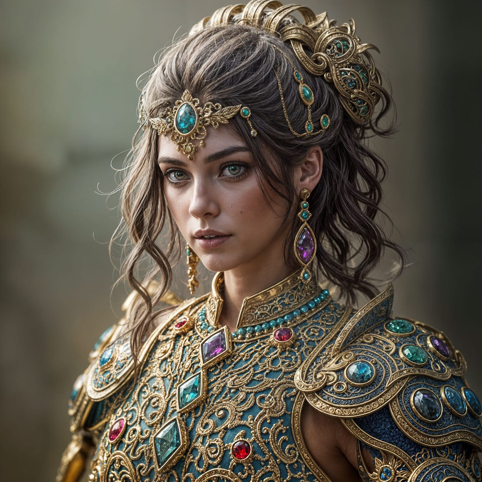 Hyperrealistic Woman Wears Intricate Armor Made of Gemstones...