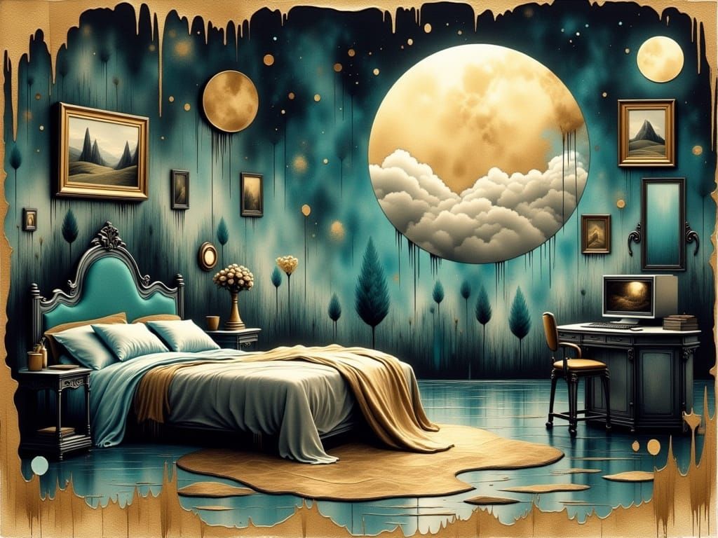 Dreamlike Watercolour Art in a Gilded, Distressed Bedroom