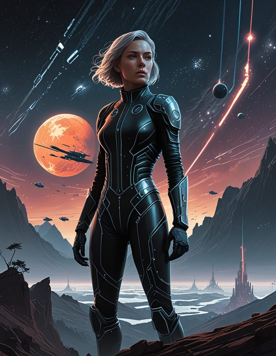 Celestial Warrior in Nebula Galaxy Landscape